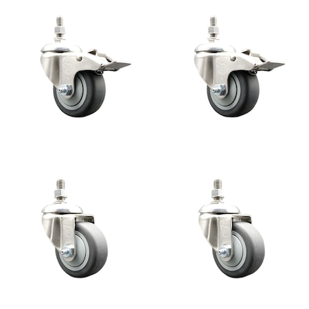Service Caster 3 Inch 316SS Thermoplastic Rubber 1/2 Inch Threaded Stem Caster Lock Brake, 2PK SS316TSTTL20S314-TPRB-121315-2-S2